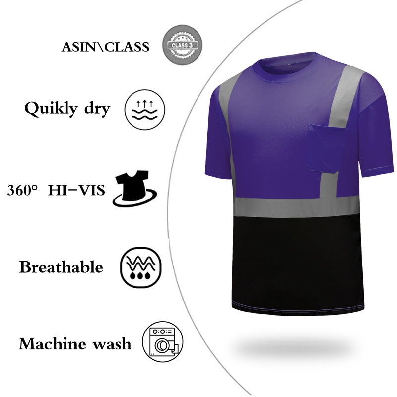 DPSAFETY High Visibility Shirts Quick Dry Safety T Shirts with Reflective Strips and Pocket Short Sleeve Mesh Hi Vis Construction Work Class 2 Shirt for Men/Women Black Bottom Purple,6XL - Image 4